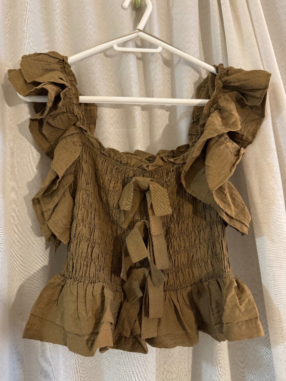 Moon River Olive Brown Smocked Ruffle bows Top | Cottagecore Boho | Size M